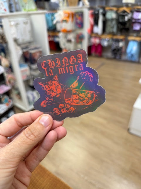 Chinga La Migra - Holographic Water Resistant Sticker (Red Cat & Ice)