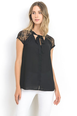Black Raglan Button Down Top With Tie Neck