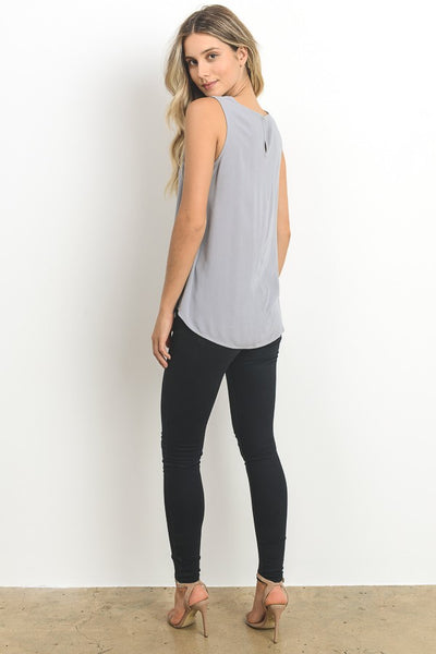 Embroidered Front Satin Tunic Tank With Side Sllit In Grey