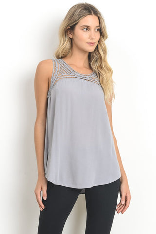 Embroidered Front Satin Tunic Tank With Side Sllit In Grey
