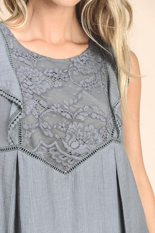 Flutter Sleeve Peplum Top With Lace In Grey