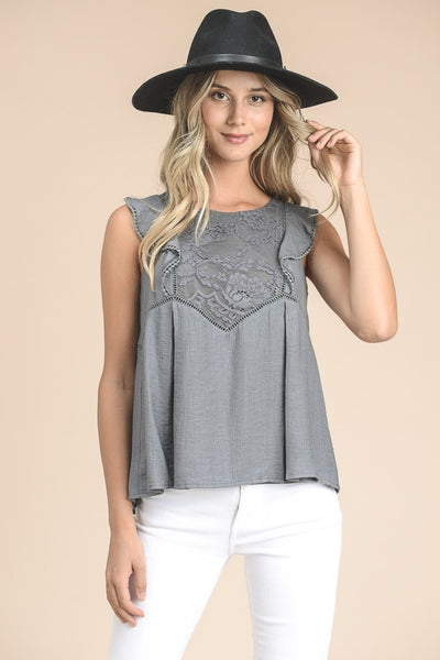 Flutter Sleeve Peplum Top With Lace In Grey