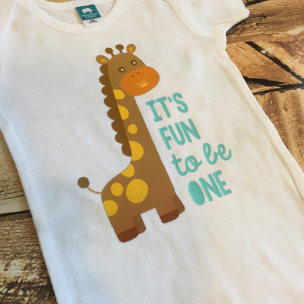 It's Fun to Be One First Birthday Giraffe Bodysuit or Tee