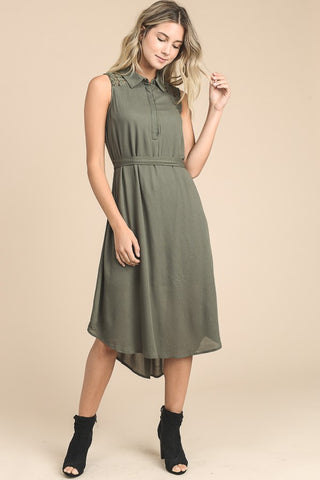 Olive Collared Midi Dress With Belt
