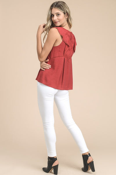 Flutter Sleeve Peplum Top With Lace In Tomato