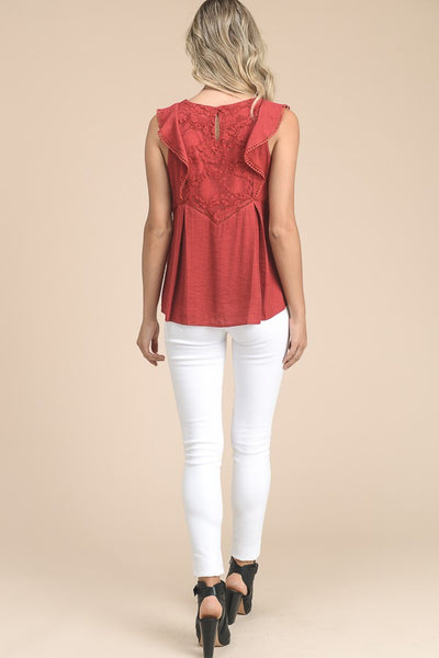 Flutter Sleeve Peplum Top With Lace In Tomato