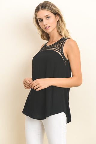 Embroidered Front Satin Tunic Tank With Side Sllit In Black