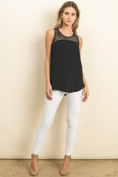 Embroidered Front Satin Tunic Tank With Side Sllit In Black